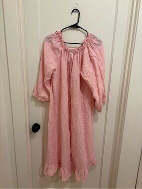 Sleeper Pink Gathered Neck Linen Dress